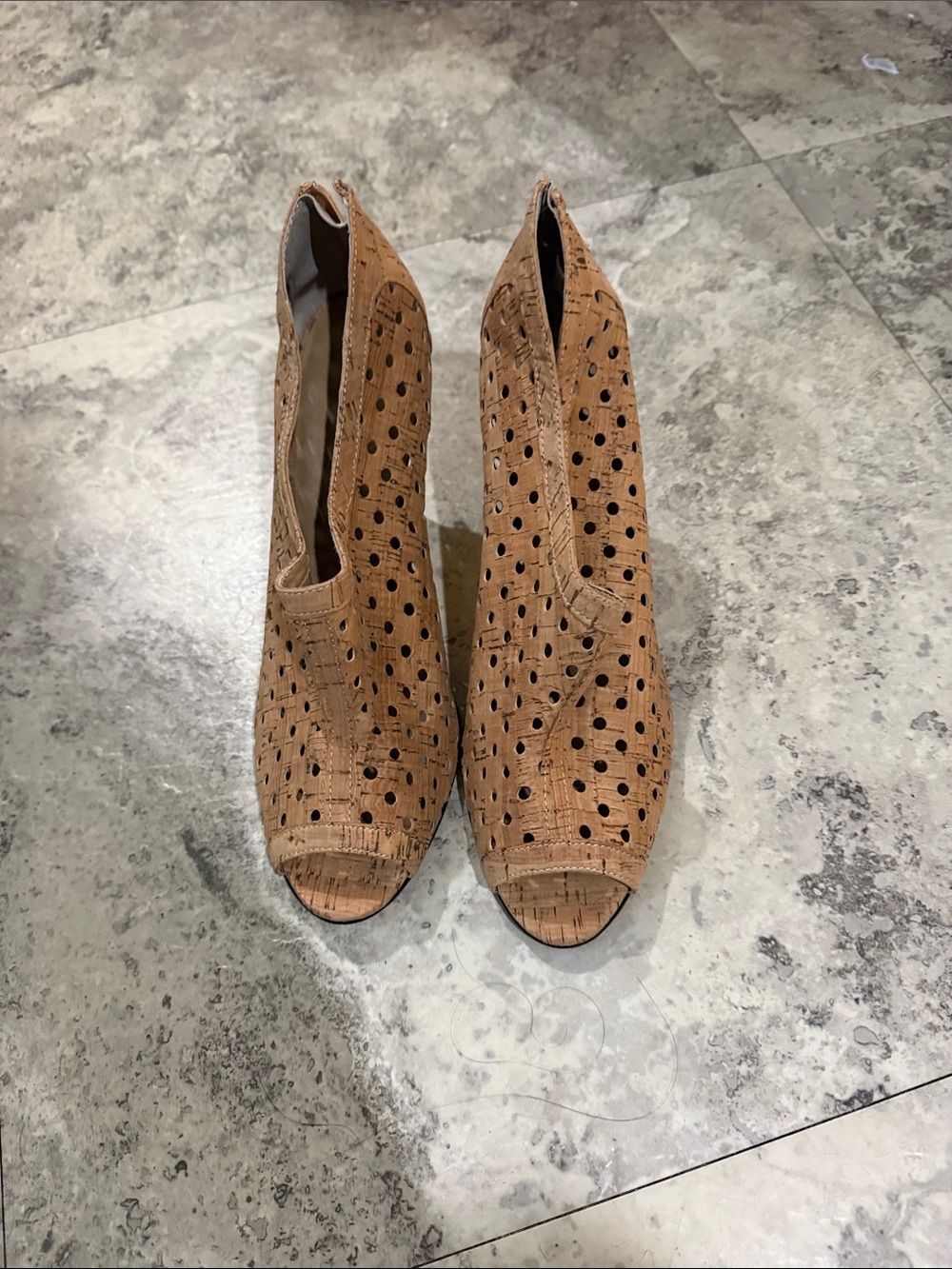 Vaneli Tan Perforated Cork Peep-Toe Heeled Booties